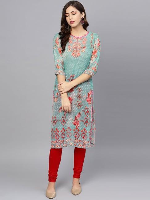 ahalyaa green & red floral print straight kurti