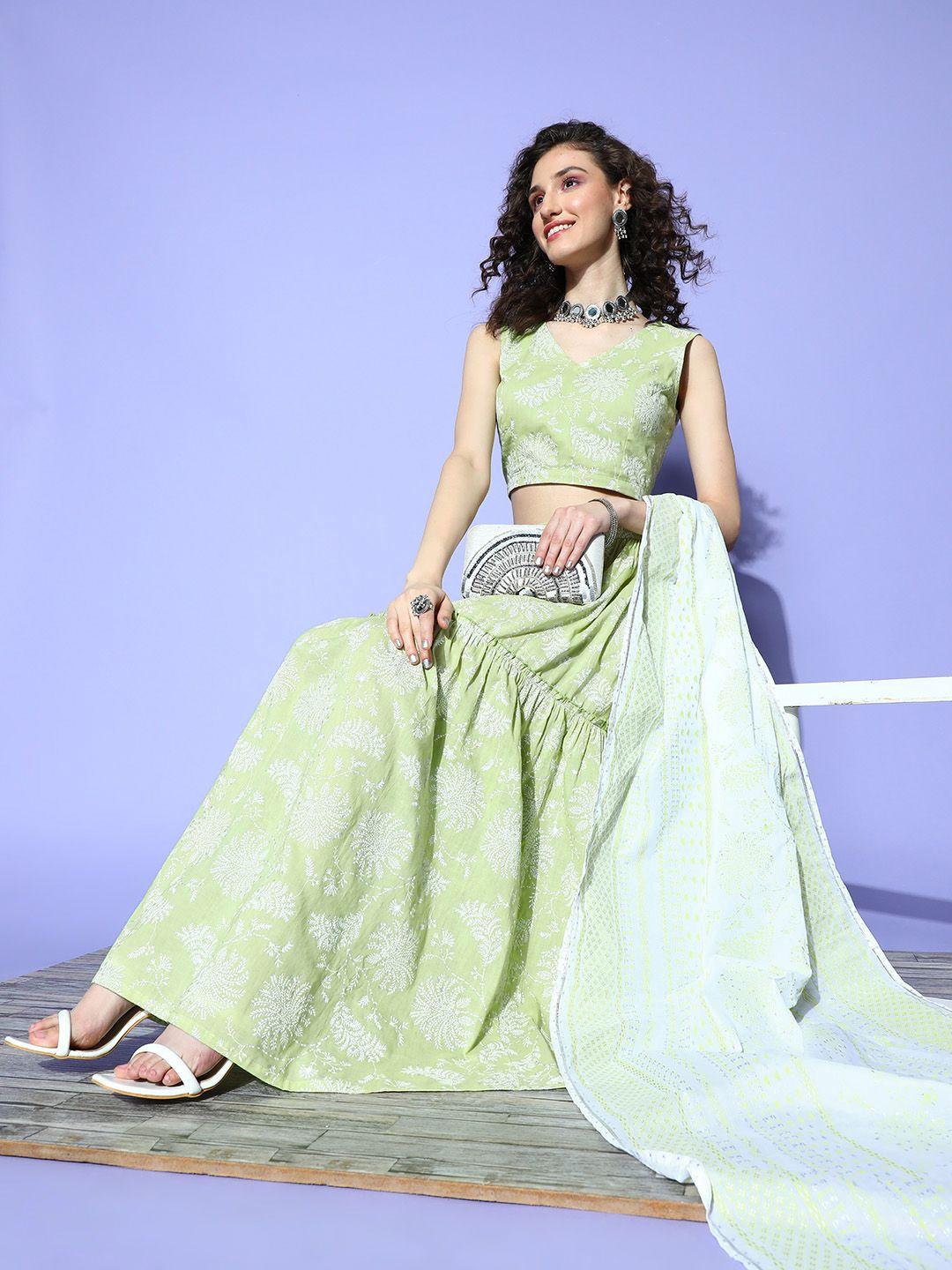 ahalyaa green & white printed khari print ready to wear lehenga & blouse with dupatta