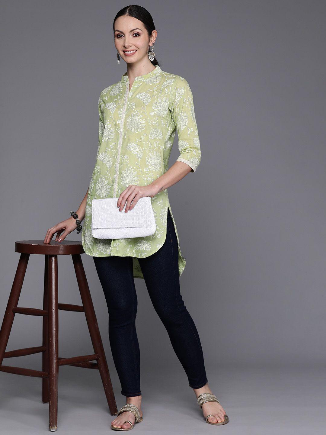 ahalyaa mandarin collar floral printed tunic with lace inserts detail