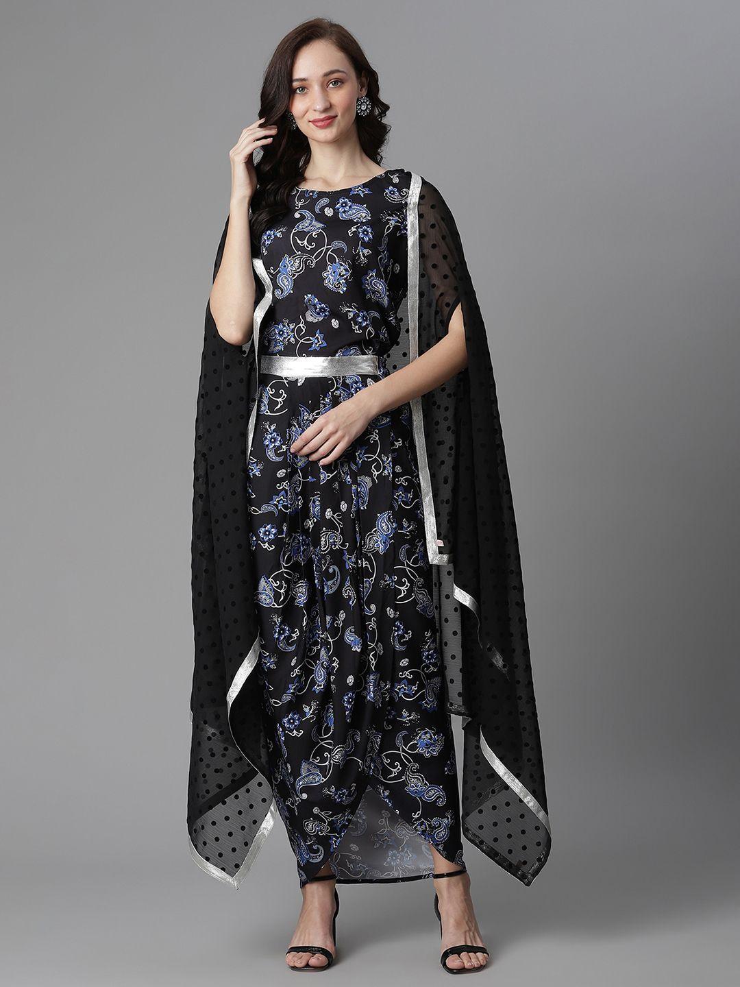 ahalyaa-women-black-&-blue-printed-top-with-skirt