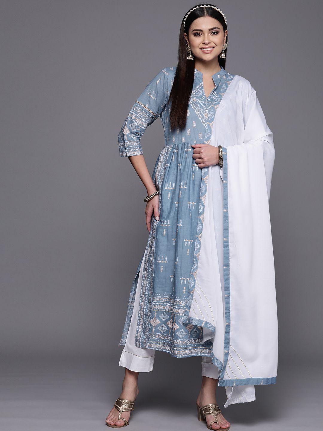 ahalyaa women blue floral yoke design empire beads and stones pure cotton kurti with trousers & with dupatta