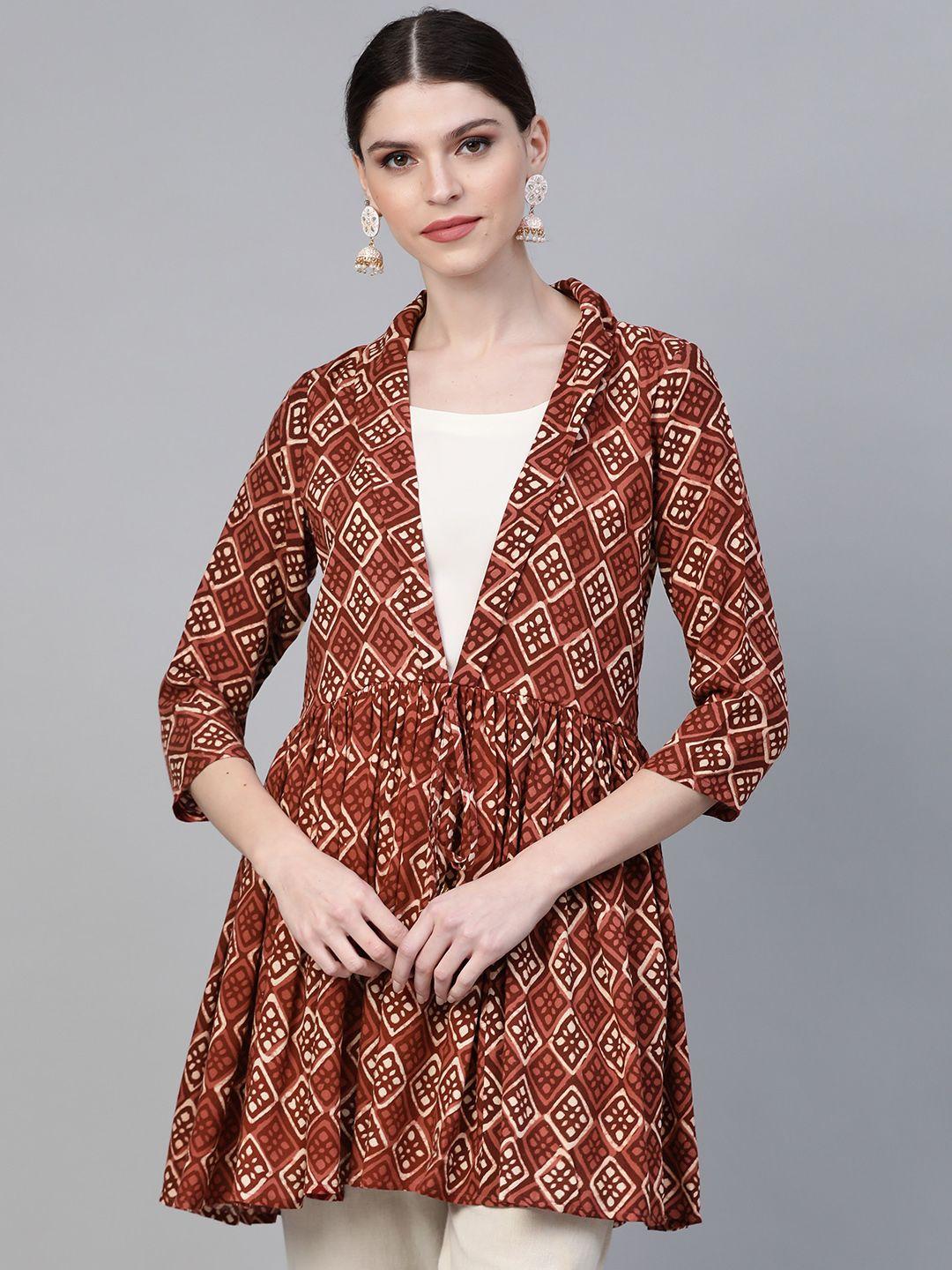 ahalyaa women's brown & cream-coloured printed a-line tunic