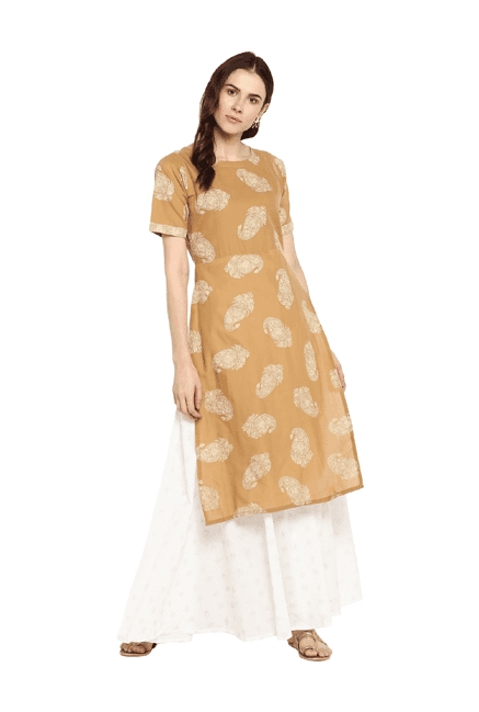 ahalyaa beige paisley print cotton kurta dress