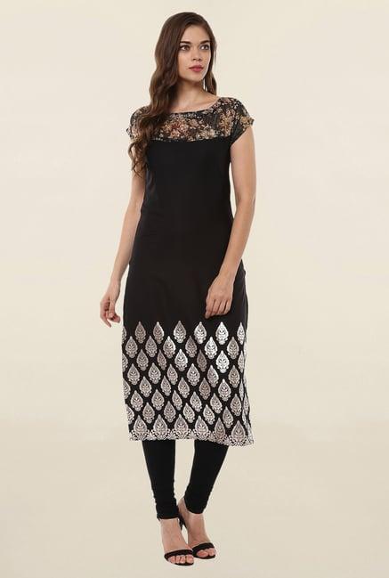 ahalyaa black floral print crepe kurta