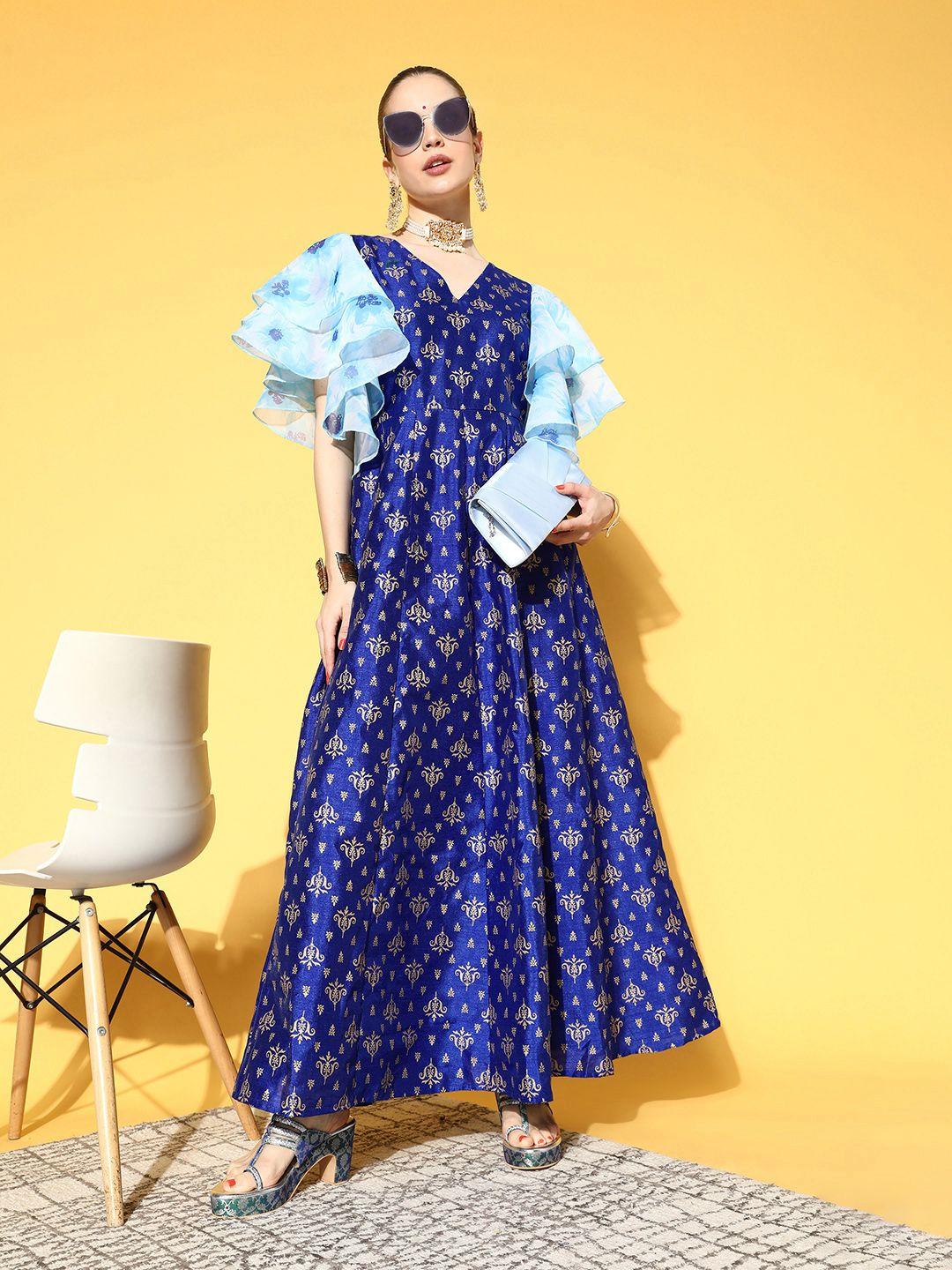 ahalyaa blue & golden ethnic motifs print maxi dress
