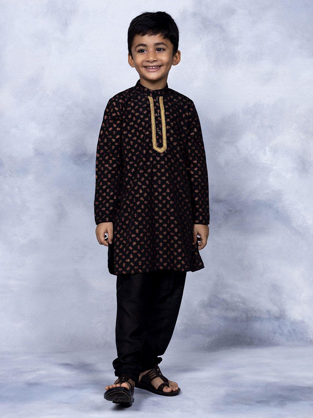 ahalyaa boys black floral printed zardozi kurta with pyjamas