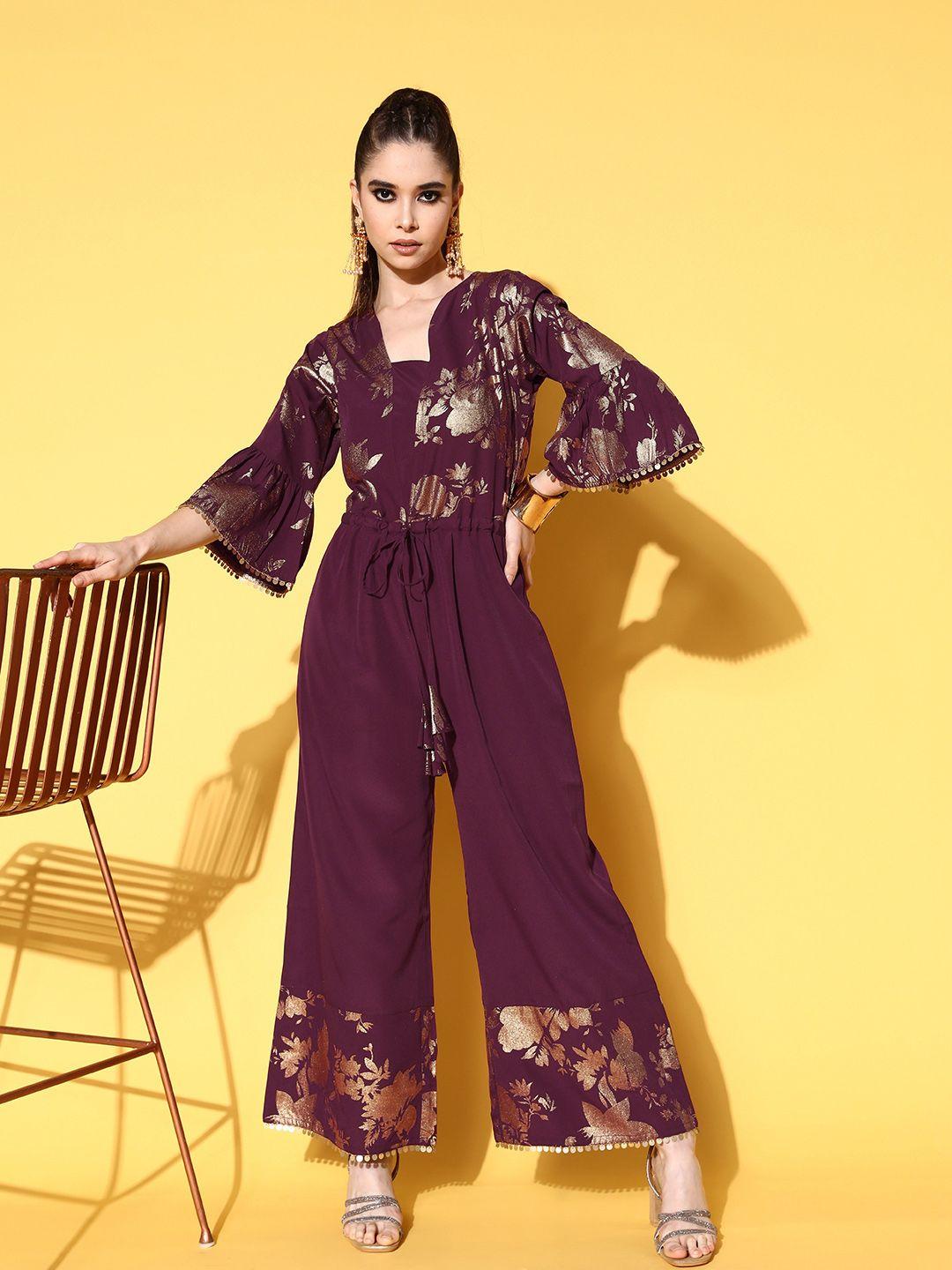 ahalyaa burgundy & gold-toned bell sleeves printed ethnic jumpsuit with waist tie-ups