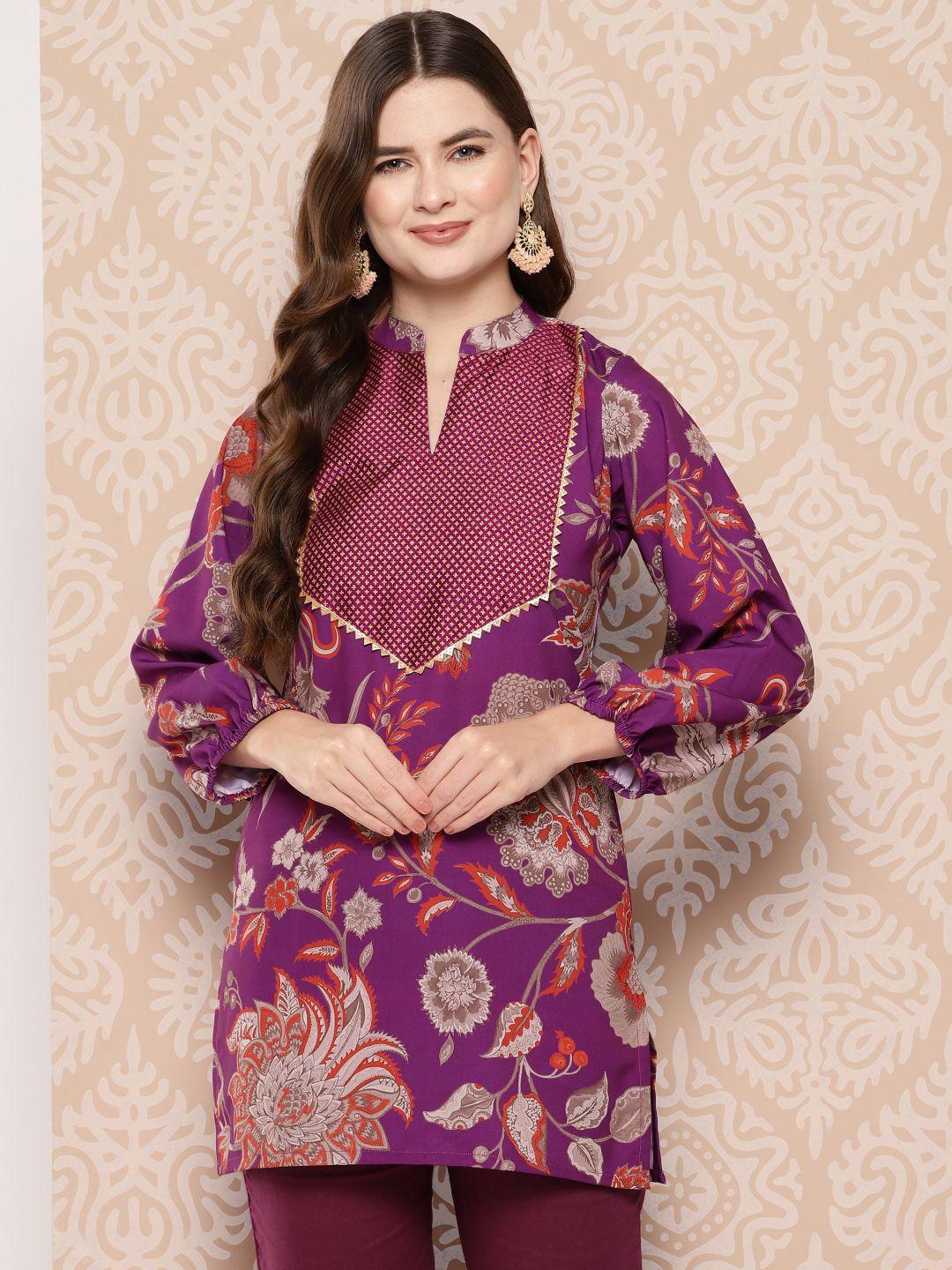 ahalyaa floral print crepe mandarin collar tunic