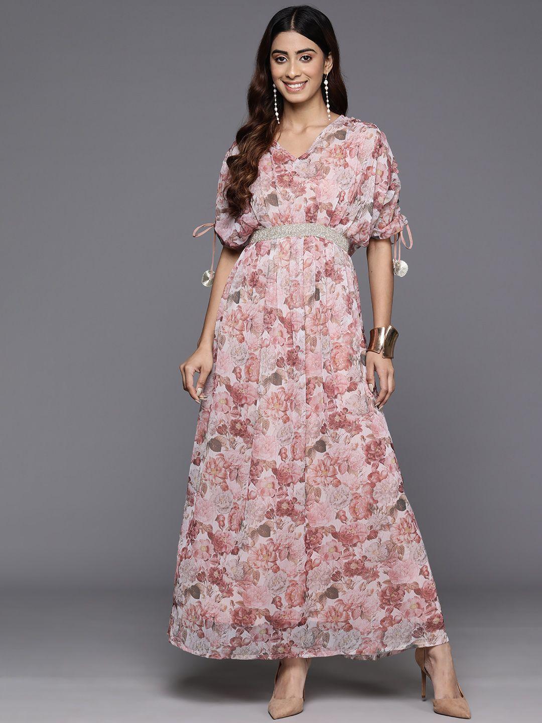 ahalyaa floral print embellished batwing sleeves maxi dress