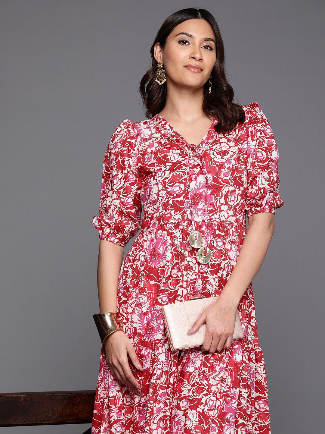 ahalyaa floral print tie-up neck puff sleeve cotton a-line midi dress