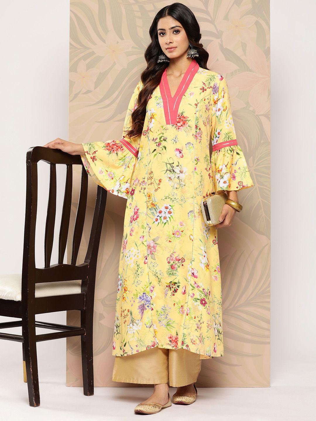 ahalyaa floral printed bell sleeves gotta patti crepe kurta