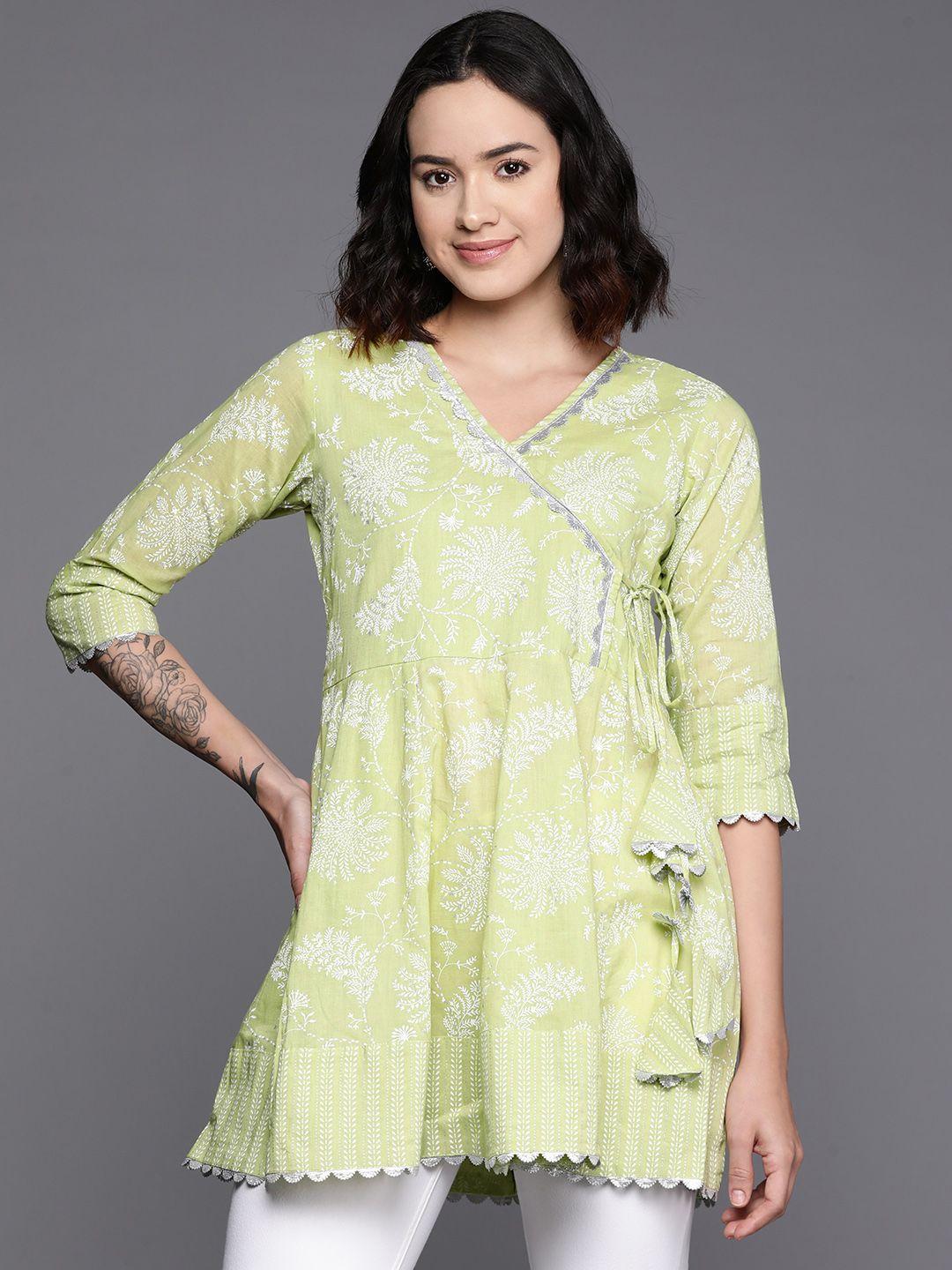 ahalyaa floral printed cotton tunic with lace inserts detail