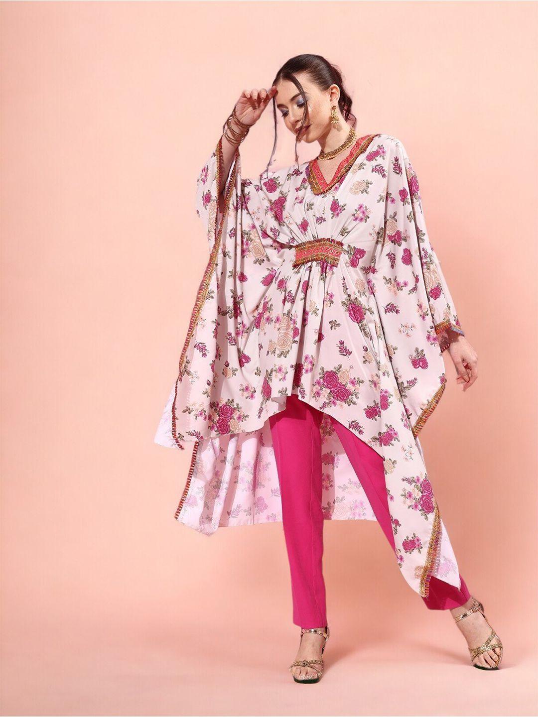 ahalyaa floral printed flared sleeves beads and stones crepe kaftan kurta