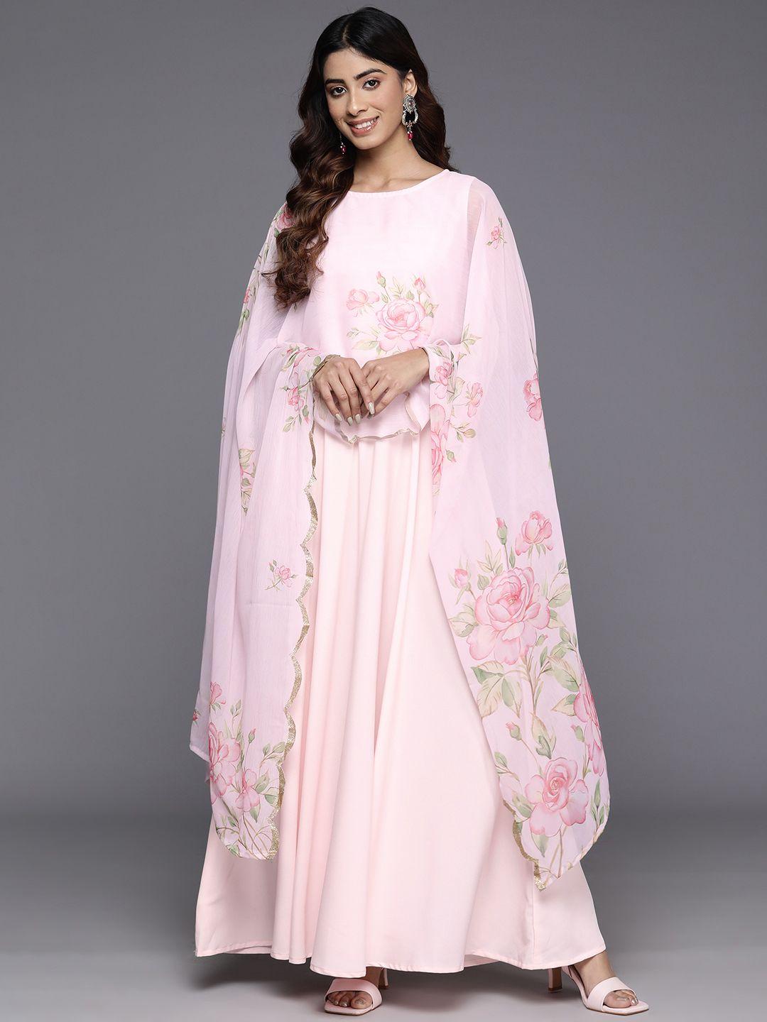 ahalyaa floral printed layered crepe maxi gown dress