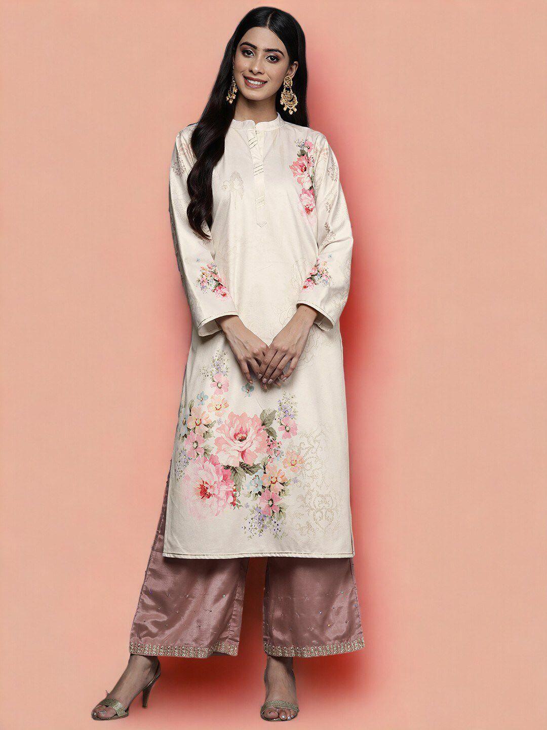 ahalyaa floral printed mandarin collar velvet straight kurta