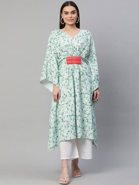 ahalyaa green floral print a line kaftan