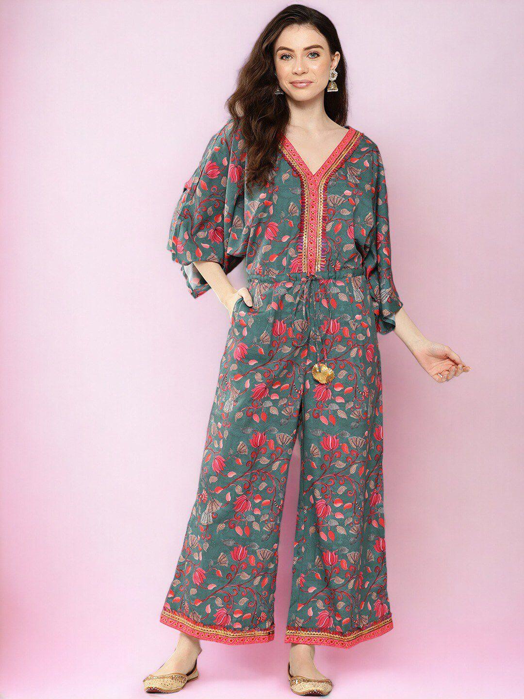 ahalyaa green floral printed basic jumpsuit with lace inserts