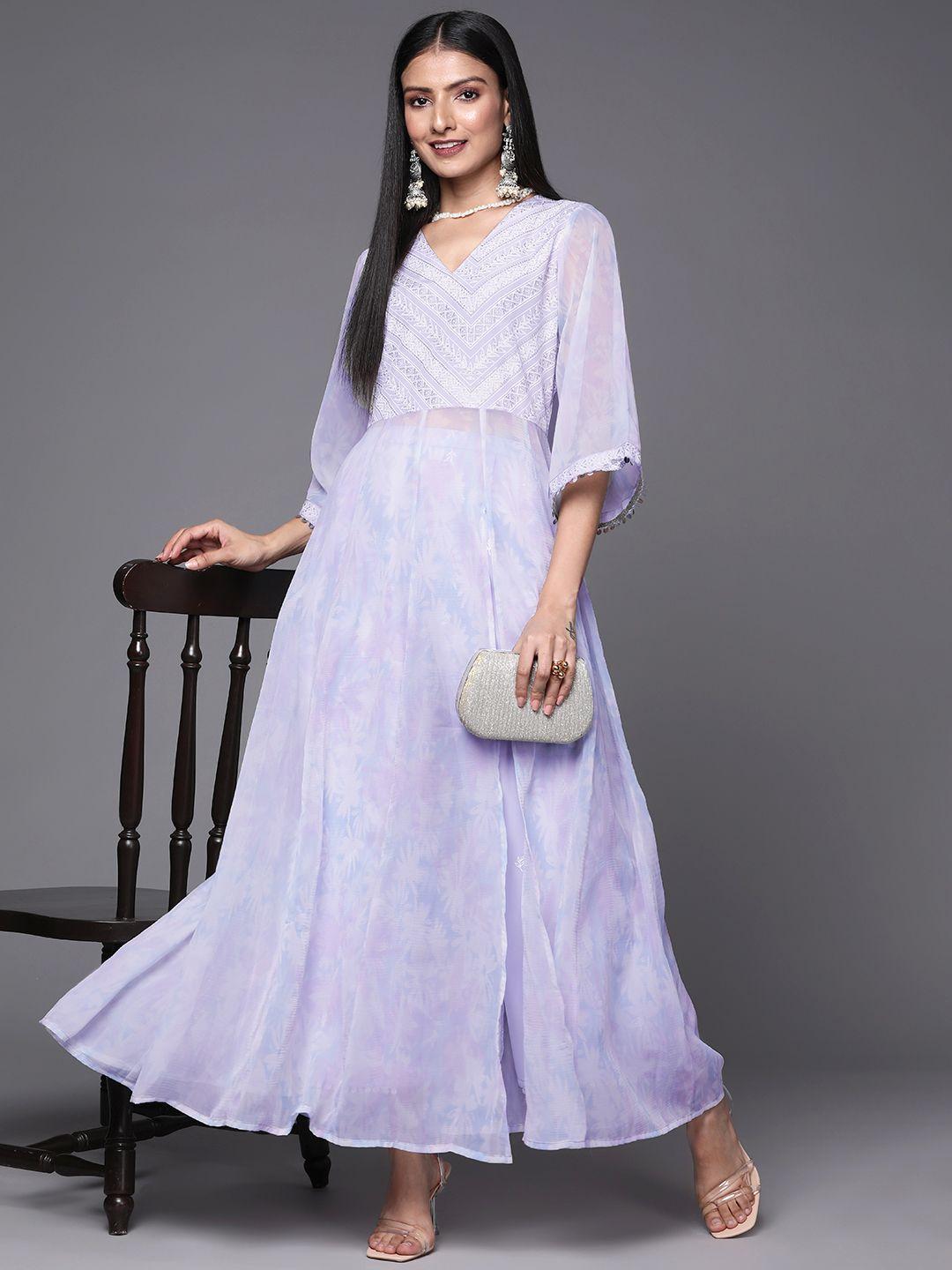 ahalyaa lavender & white floral printed high slit sequinned kurta with palazzos