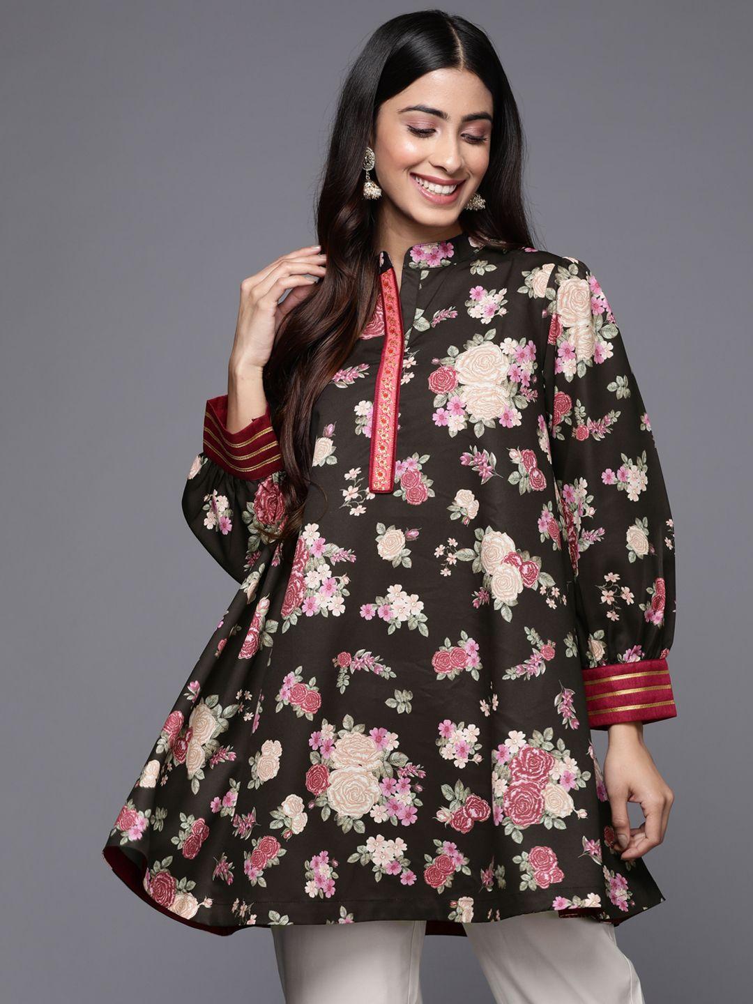 ahalyaa mandarin collar floral print crepe tunic