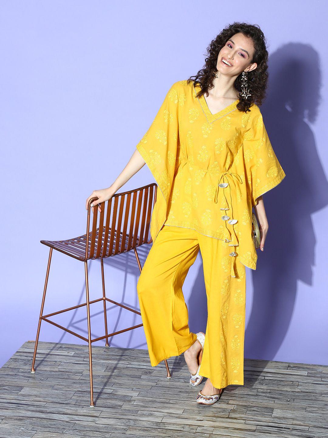 ahalyaa mustard yellow floral printed kaftan gotta patti pure cotton top with palazzos