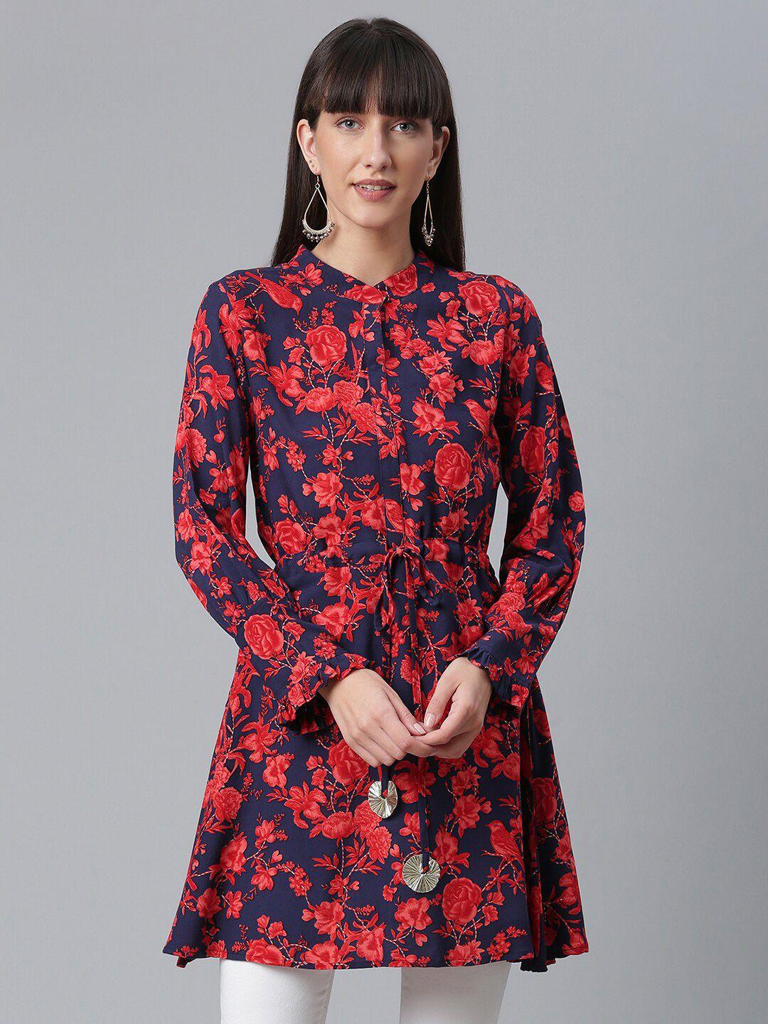 ahalyaa navy blue & red mandarin collar printed tunic