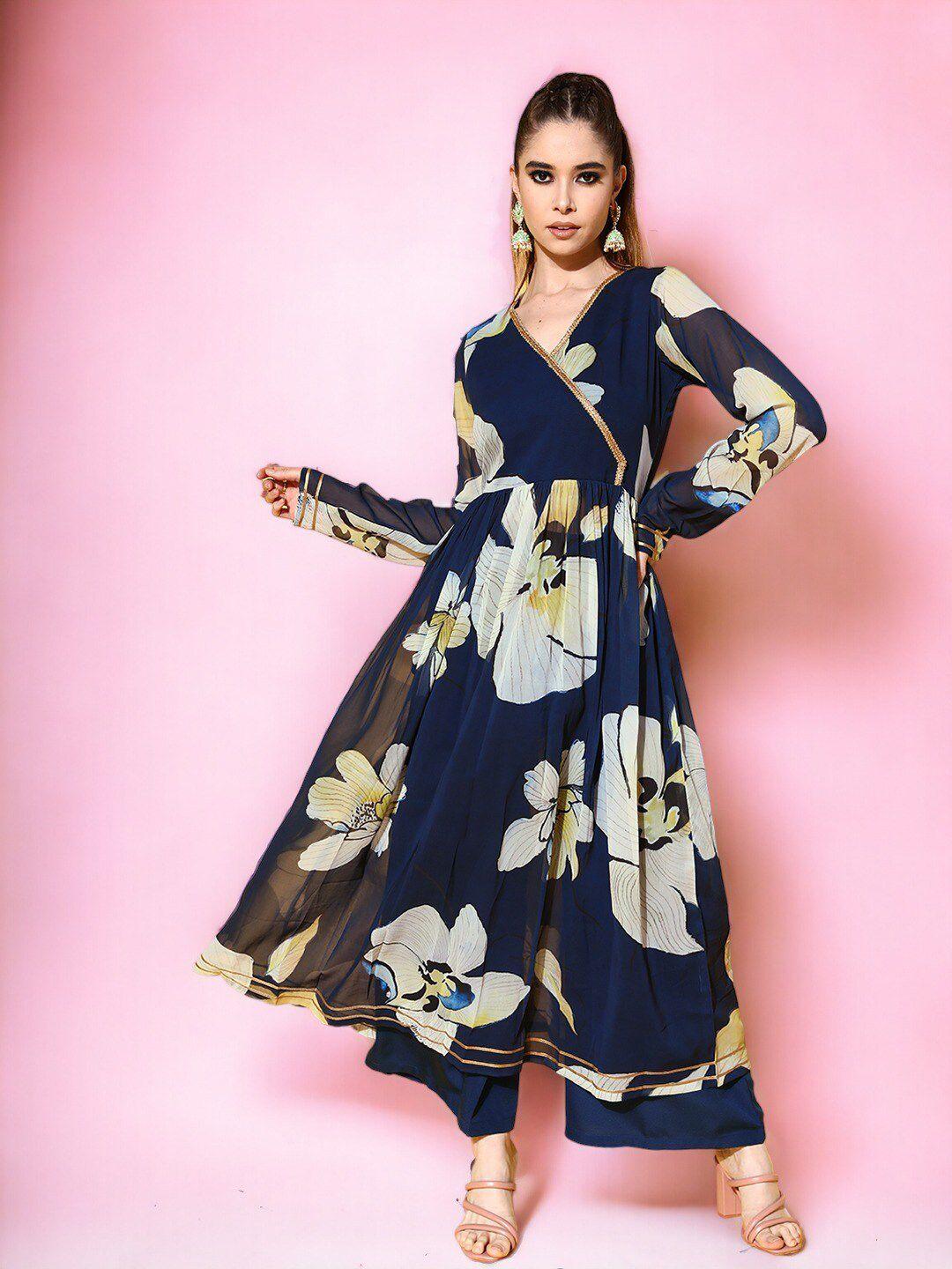 ahalyaa navy blue floral printed gotta patti angrakha a-line kurta with palazzo