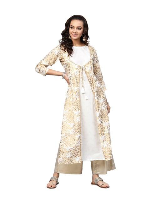 ahalyaa off-white & golden cotton printed straight kurti
