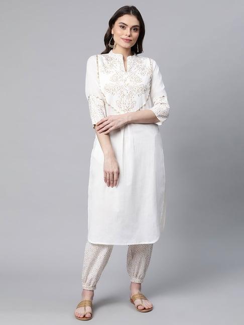ahalyaa off-white cotton printed kurta pant set