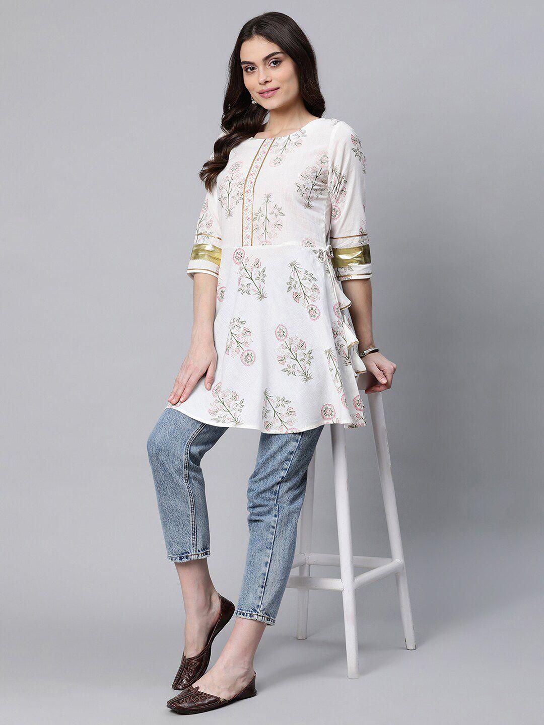 ahalyaa off white green boat neck printed cotton tunic