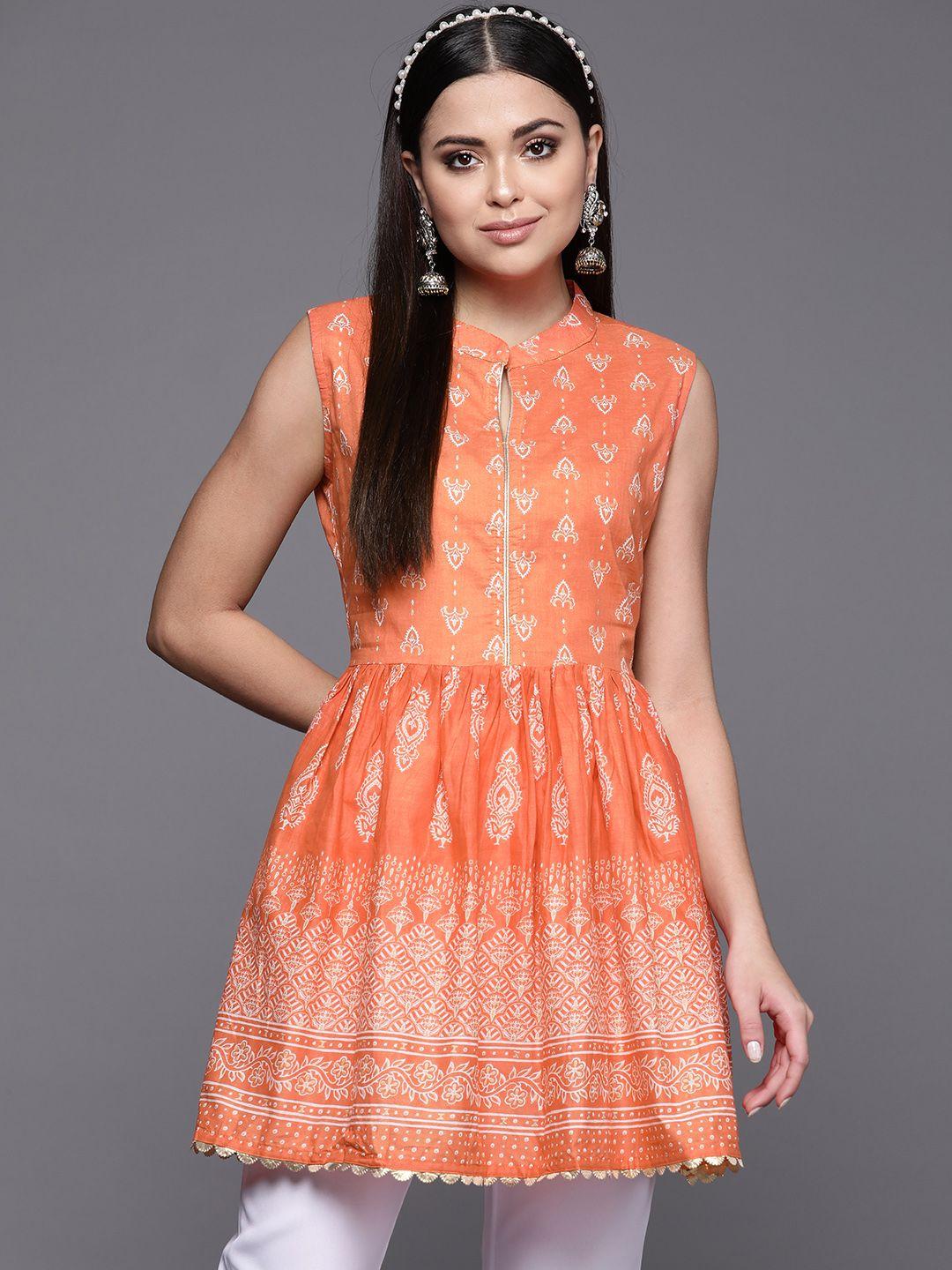 ahalyaa orange gold-toned mandarin collar printed pure cotton tunic