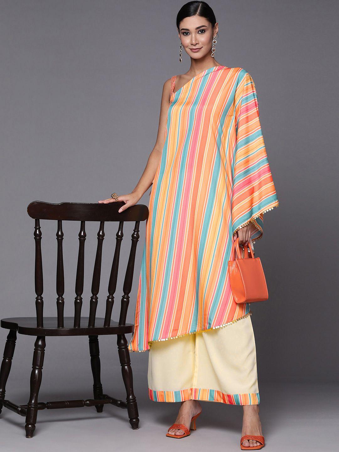 ahalyaa peach-coloured & blue printed striped asymmetric taselled kaftan kurta palazzos