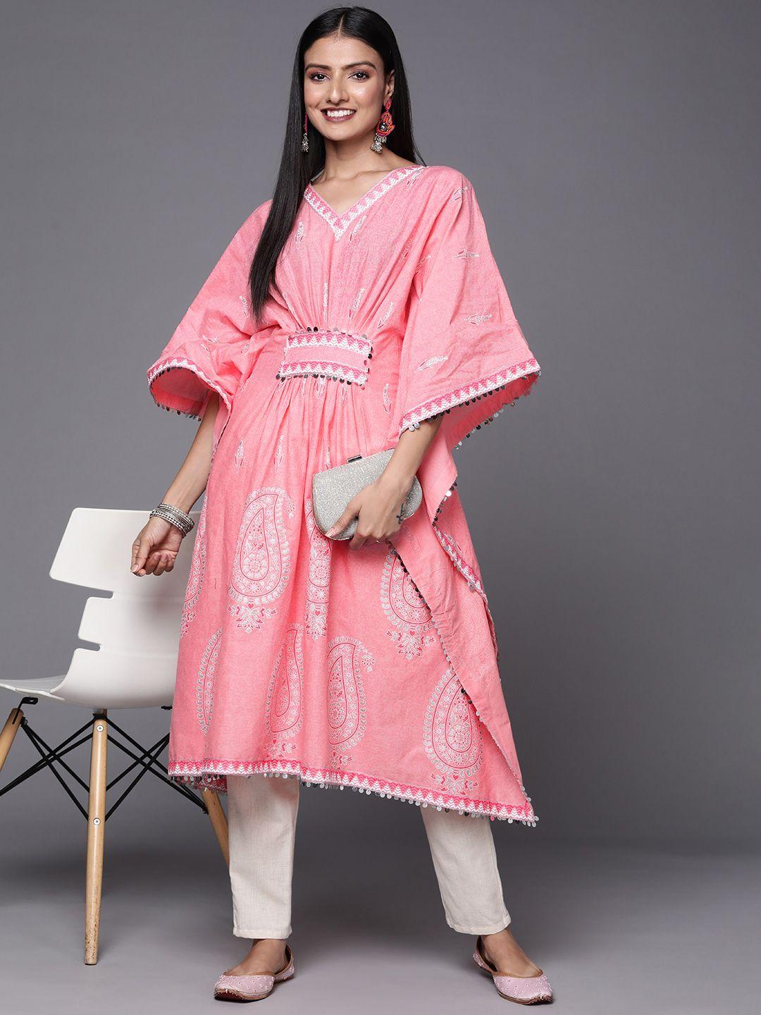 ahalyaa pink & white ethnic motifs print pure cotton kaftan kurta
