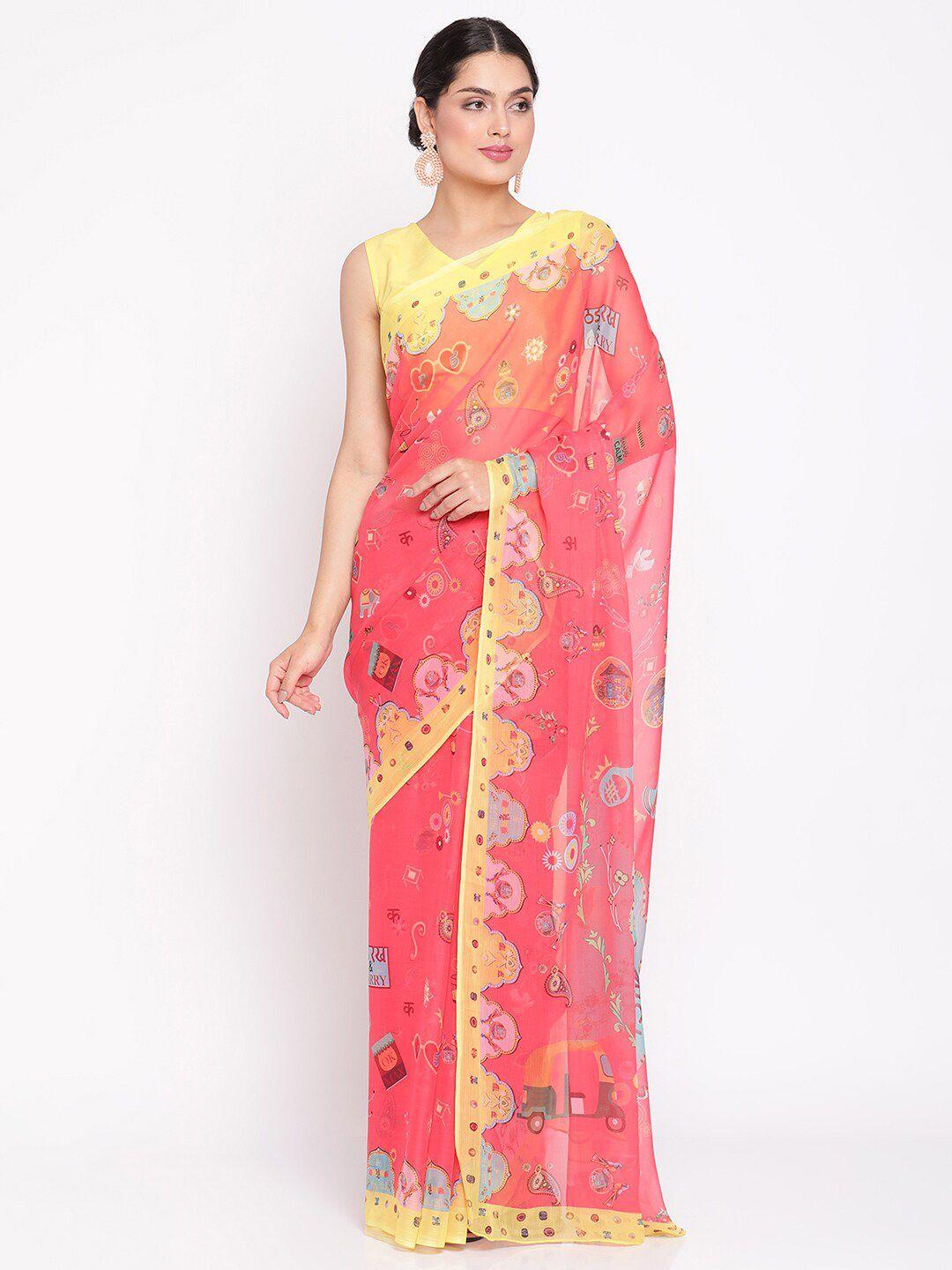 ahalyaa pink & yellow quirky print saree