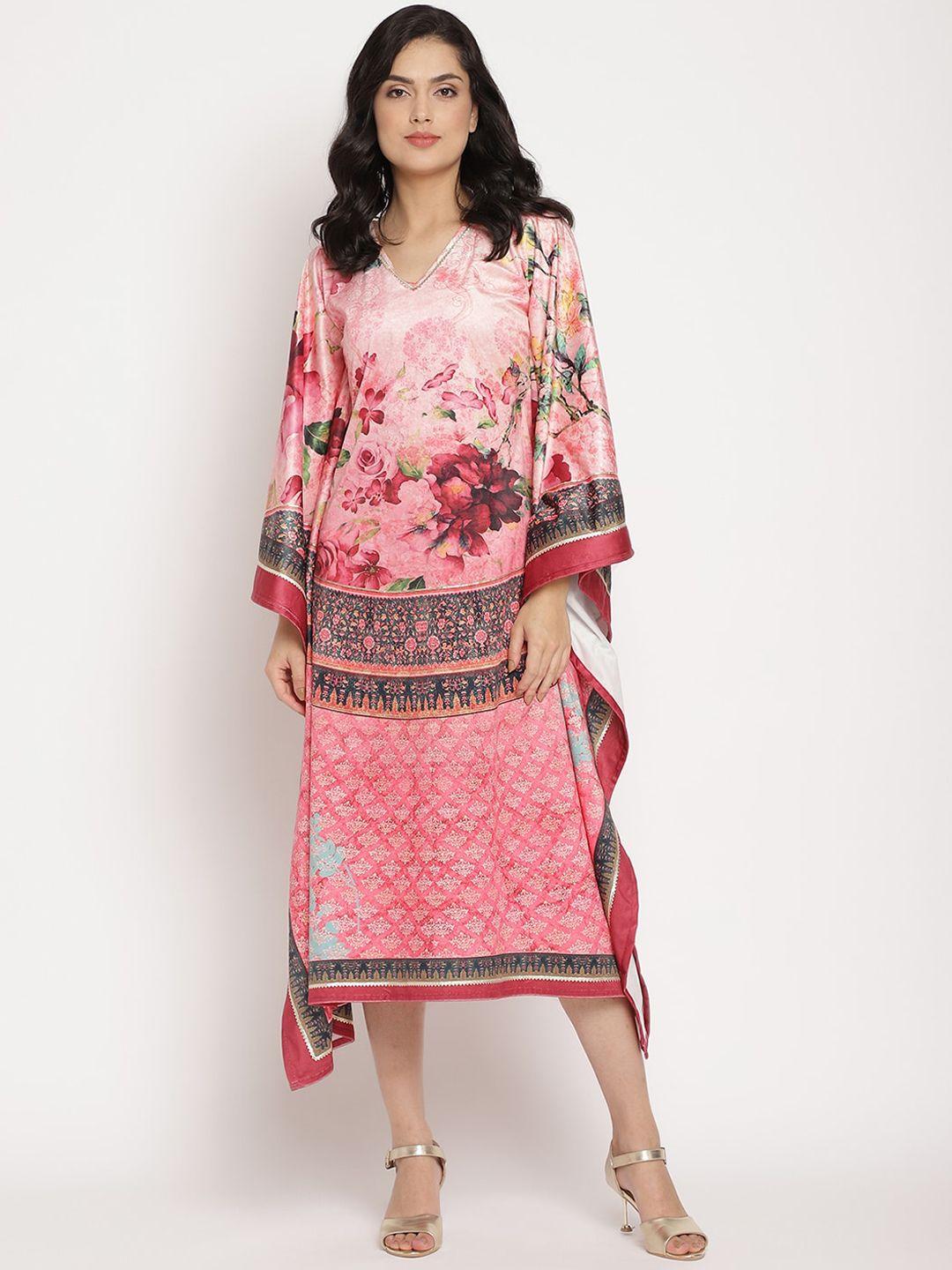 ahalyaa pink floral kaftan midi dress