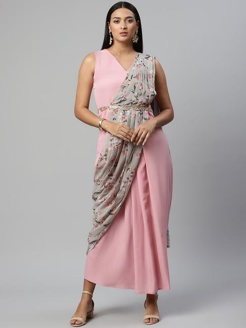 ahalyaa pink floral print maxi dress with saree style pallu