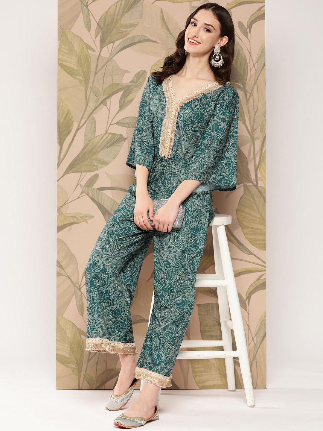 ahalyaa printed basic jumpsuit with lace inserts