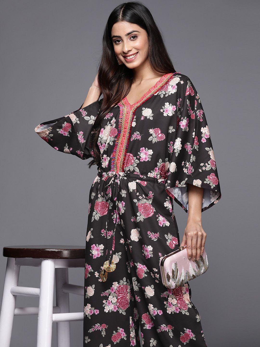 ahalyaa printed crepe basic jumpsuit with lace inserts
