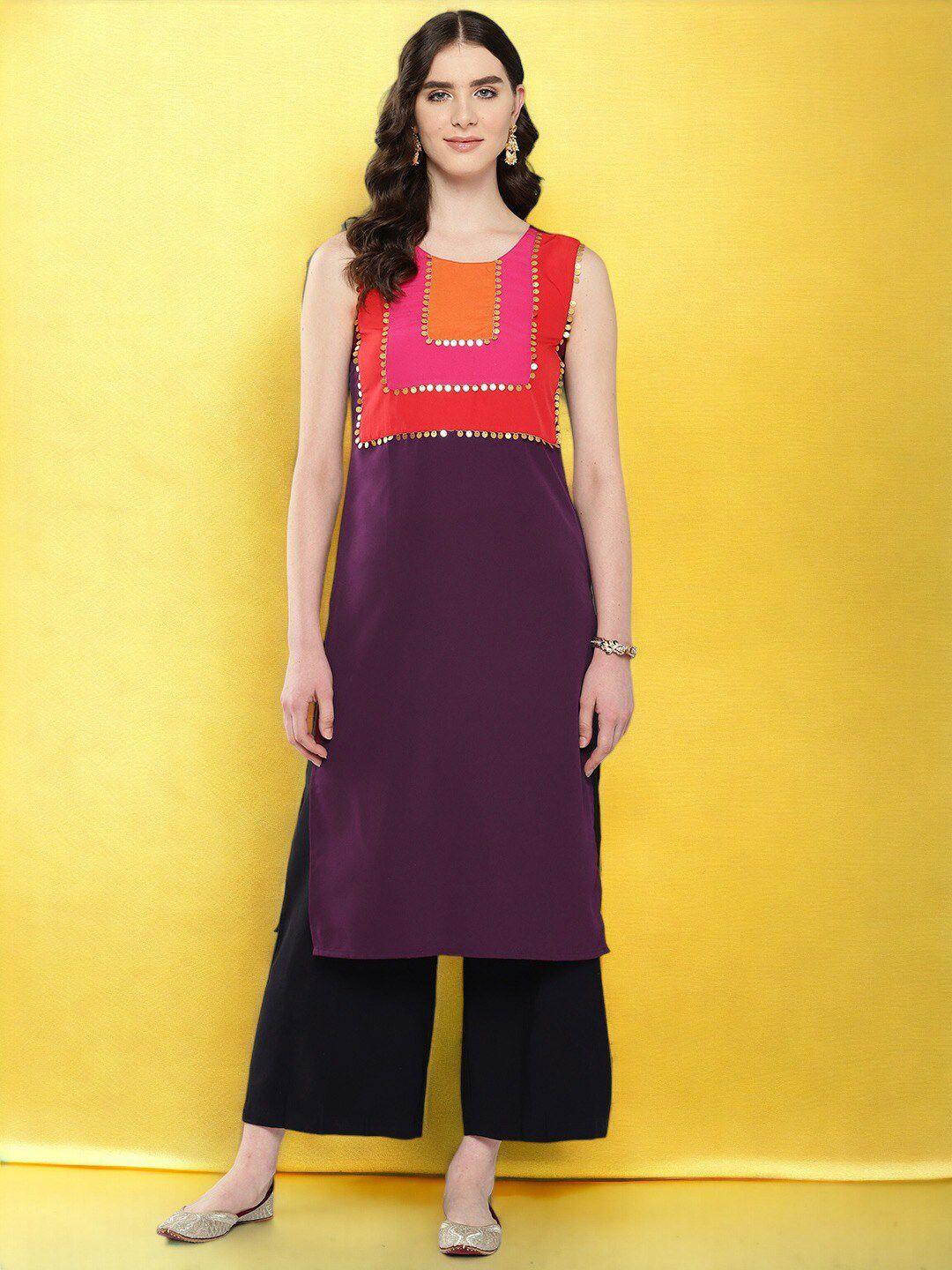 ahalyaa round neck sleeveless sequinned crepe a-line kurta