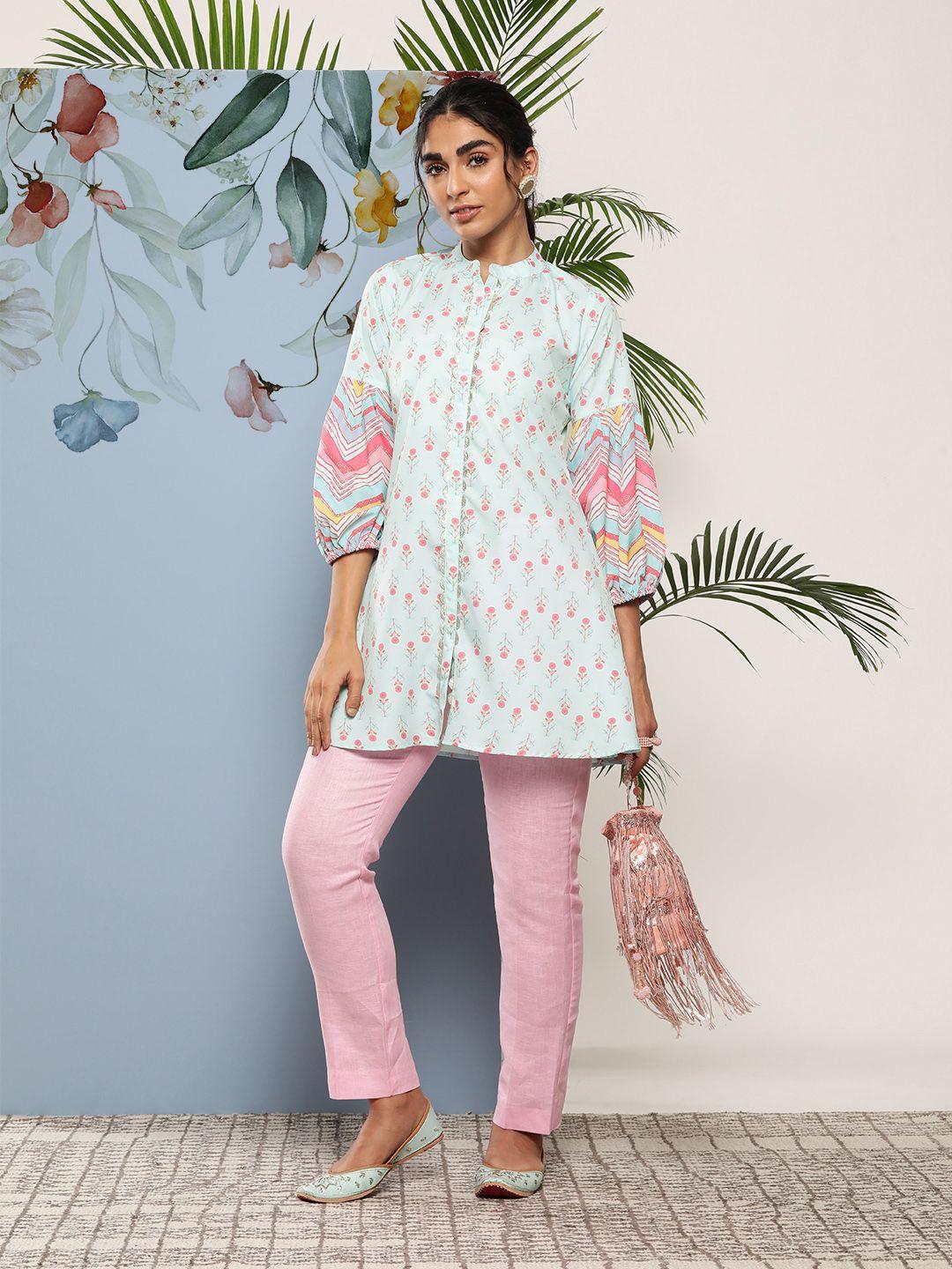 ahalyaa sea green & pink mandarin collar printed tunic