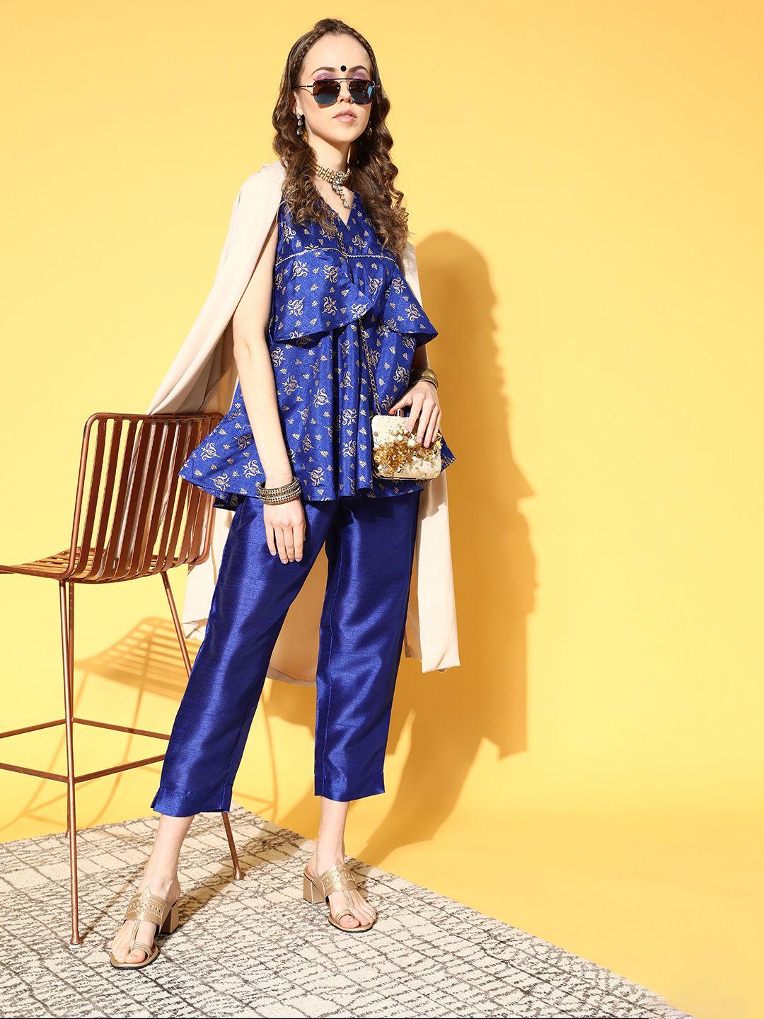 ahalyaa solid silk blend swirling volume top with trousers