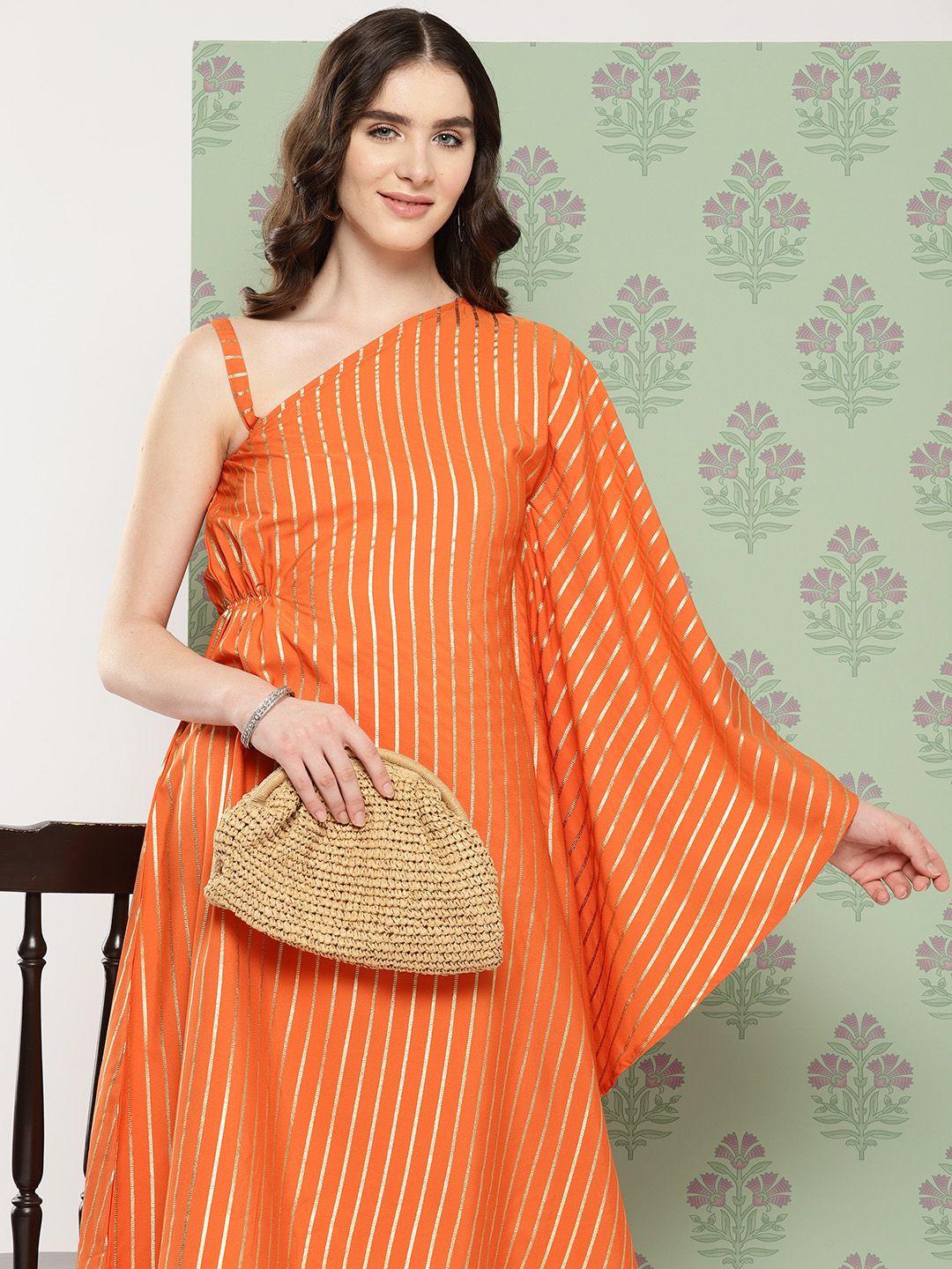 ahalyaa striped one-shoulder flared sleeve fusion kurta with trousers