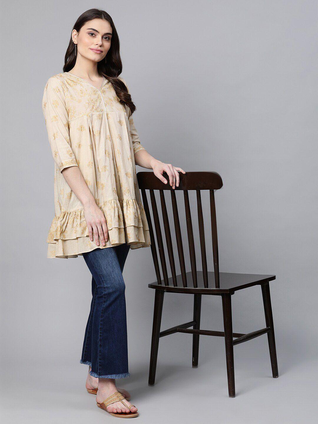 ahalyaa tan & gold-toned cotton printed tunic