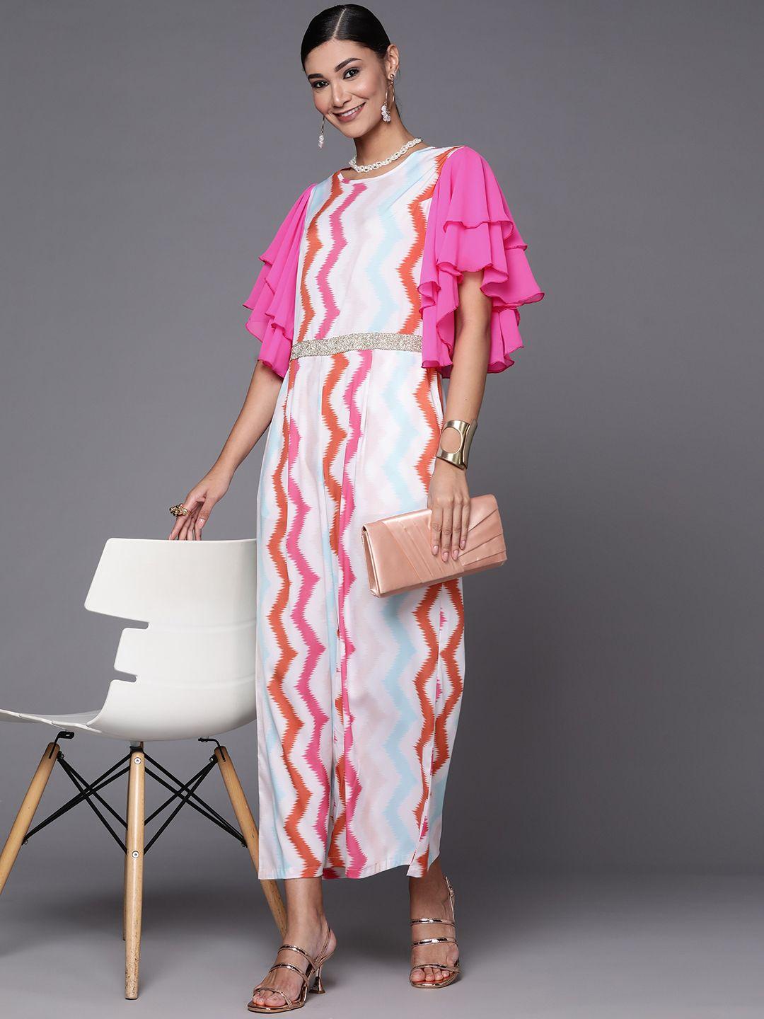 ahalyaa white & pink zig zag striped basic jumpsuit