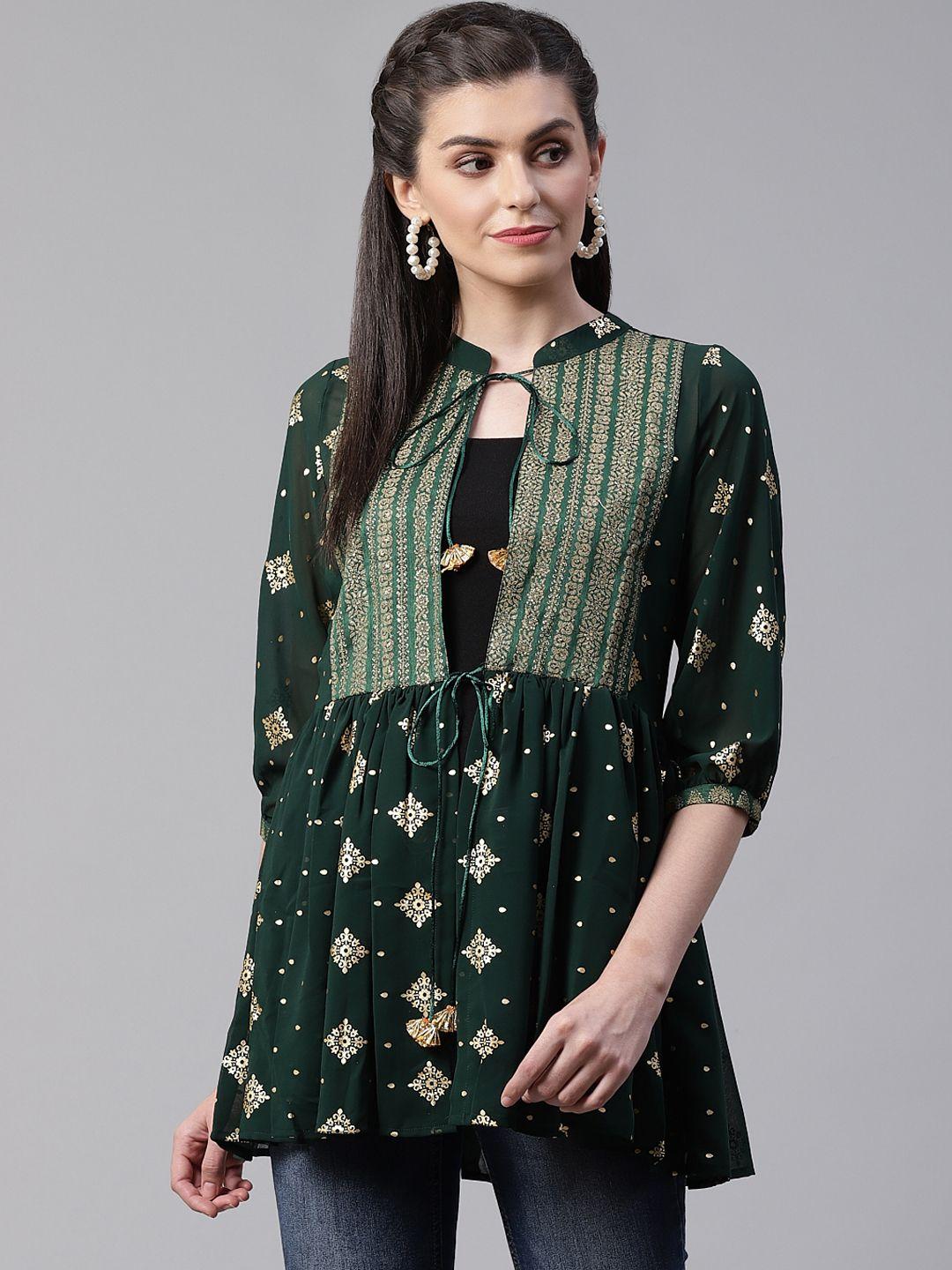 ahalyaa women's green & golden printed semi-sheer front-open kediya tunic