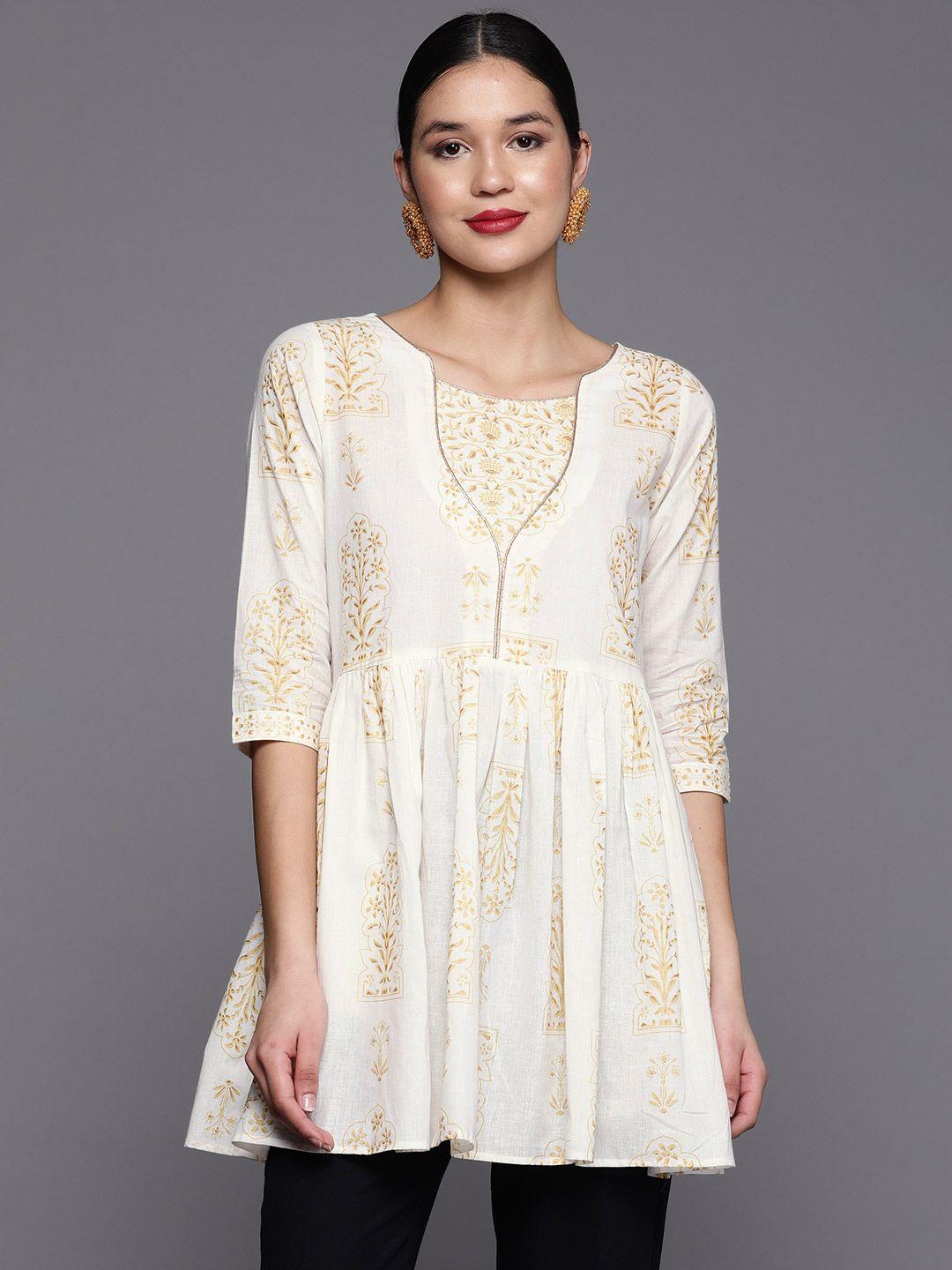 ahalyaa women  off white & gold-toned boat neck pure cotton printed tunic