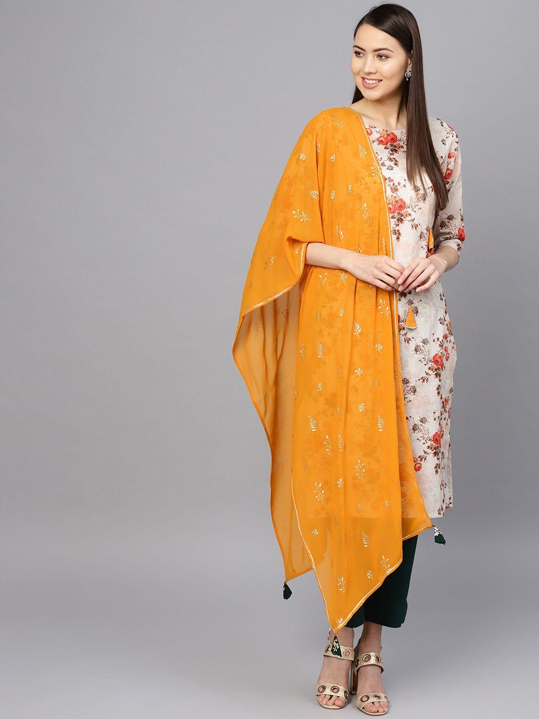 ahalyaa women beige & mustard yellow printed kurta with trousers & dupatta