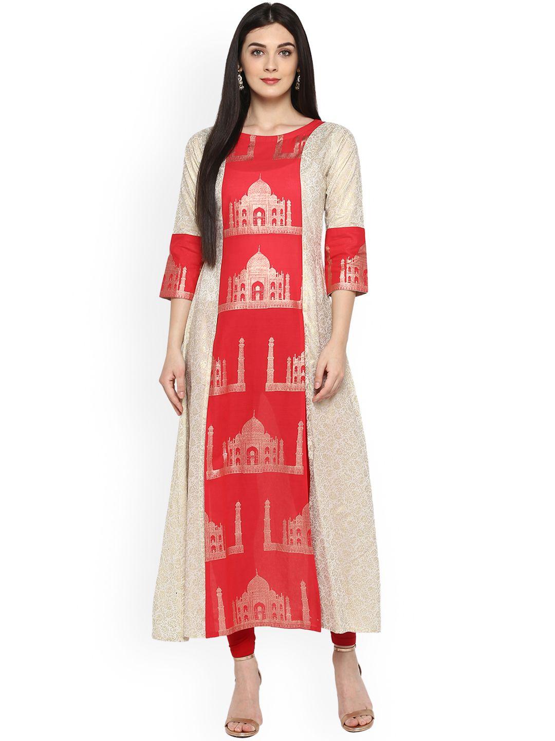 ahalyaa women beige & orange printed a-line kurta