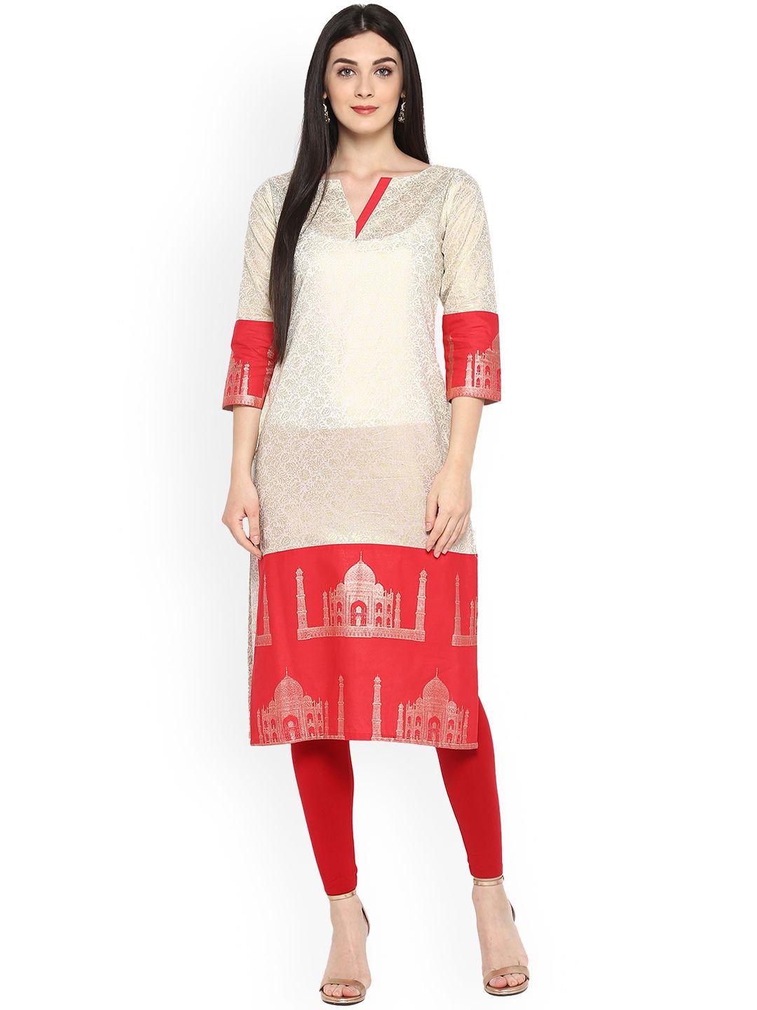 ahalyaa women beige & orange printed straight kurta