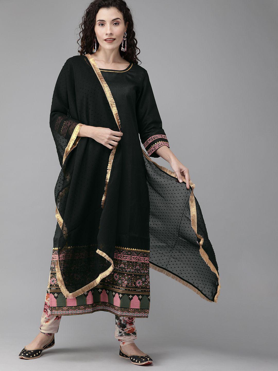 ahalyaa women black & beige printed kurta with churidar & dupatta