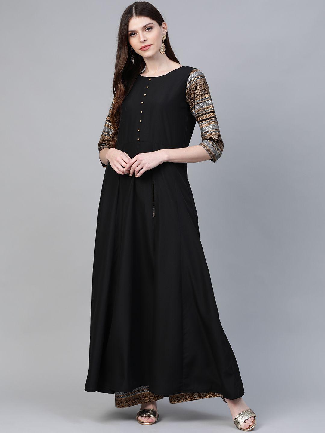 ahalyaa women black & golden high slit screen print solid anarkali kurta with palazzos